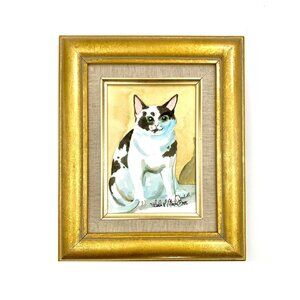 Painting Plump Kitty Cat Animal Watercolor in Golden Wood Frame Art Decor Gift